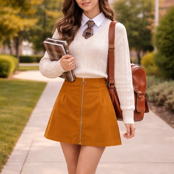 Cider Women's Corduroy Zipper Front Mini Skirt Ginger Plus Size 1XL Retro - Picture 11 of 11